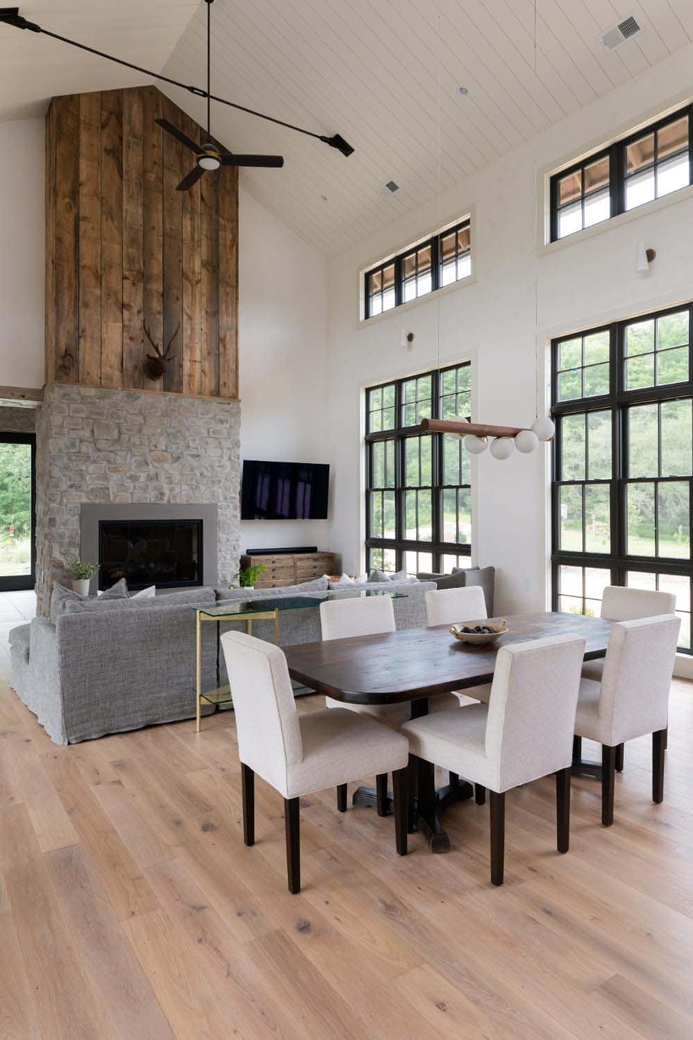 English modern style dining room with a fireplace