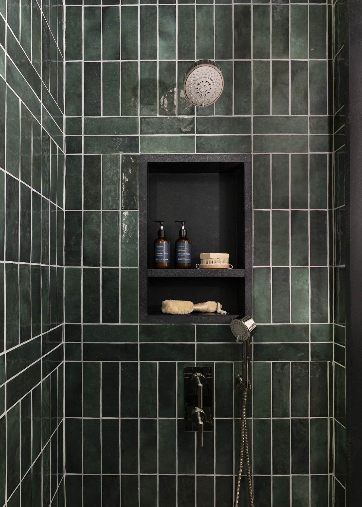 French provincial bathroom shower with dark blue tiles