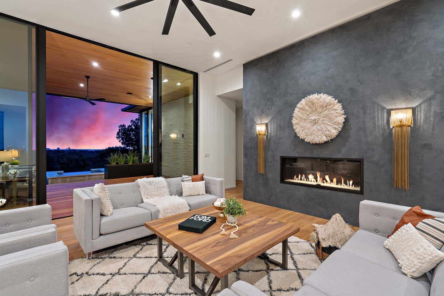 modern living room with a fireplace