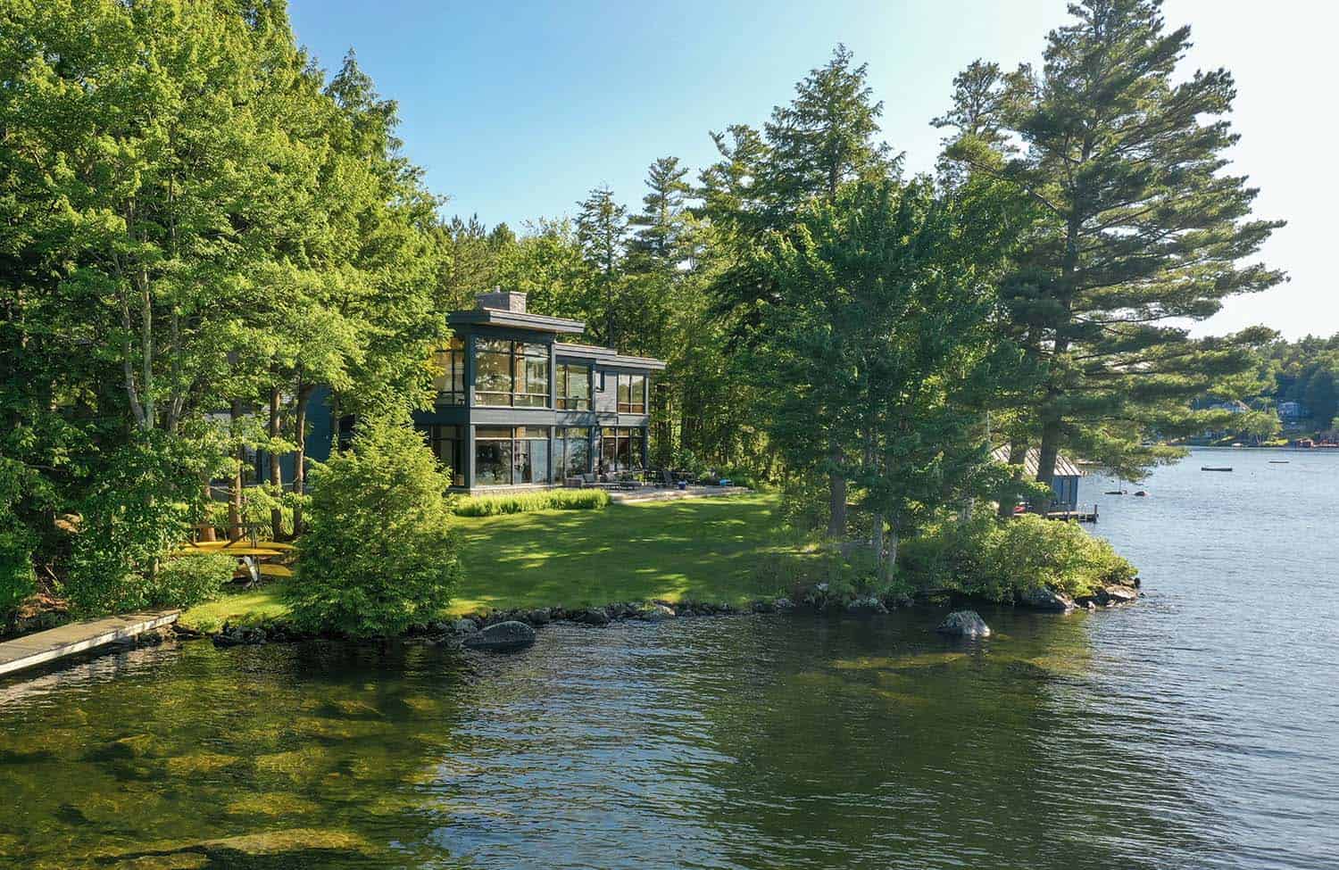 modern lake house exterior with a view from the lake