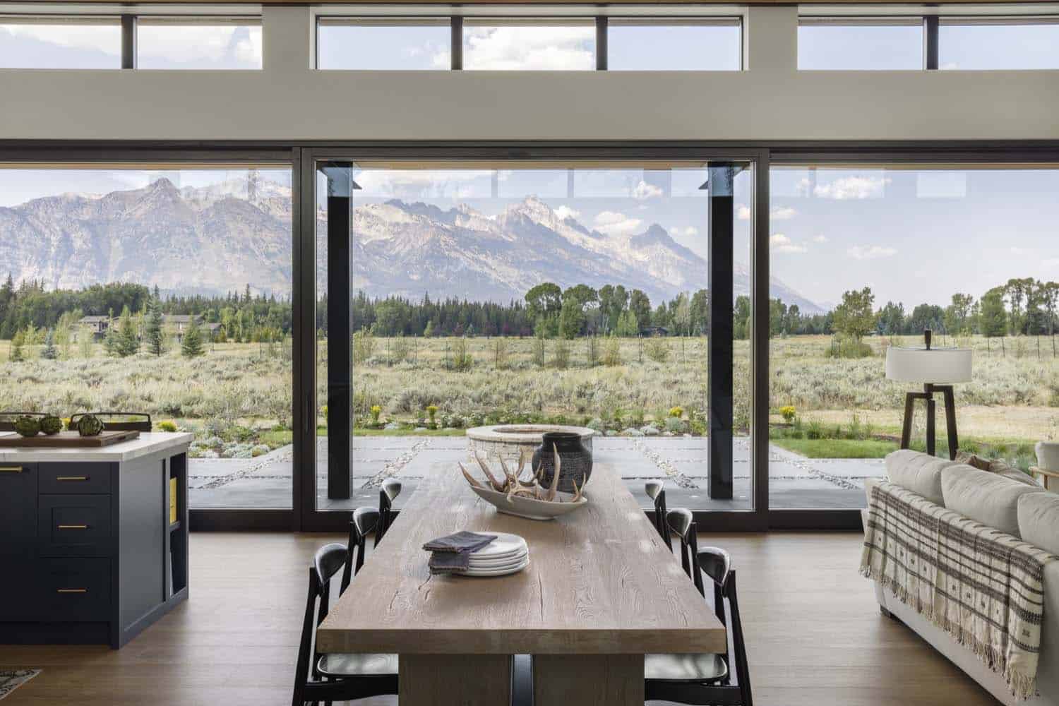 modern dining room with mountain views