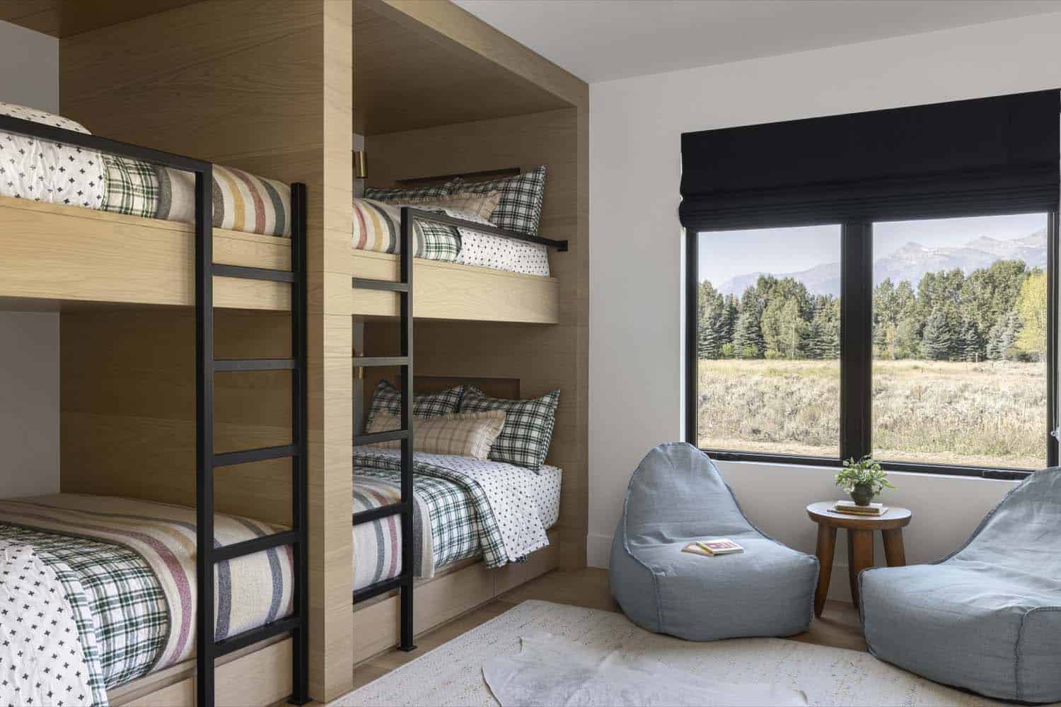 modern bunk bedroom with bean bag chairs