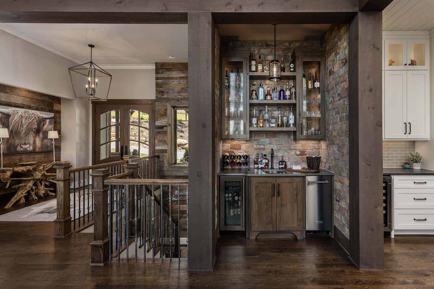 rustic wet bar and foyer