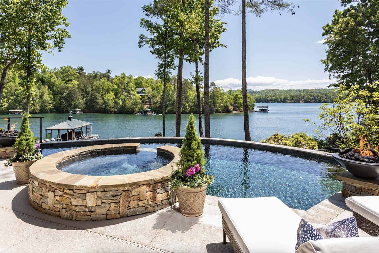 pool and spa overlooking lake meowed