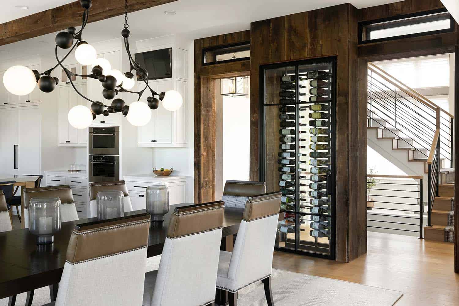 rustic dining room with a wine storage wall