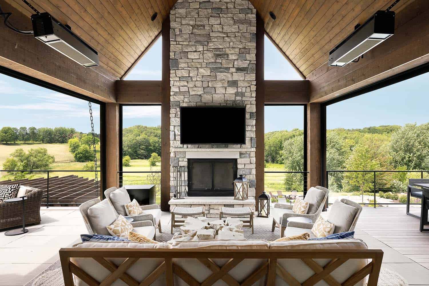 rustic screened porch with a fireplace