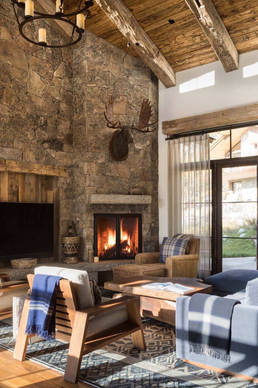 rustic mountain style living room with a fireplace