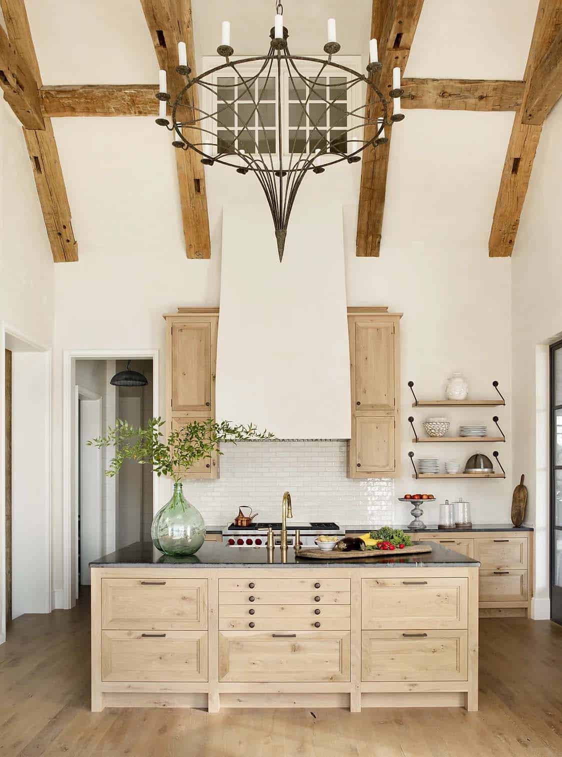 rustic kitchen with soaring ceilings