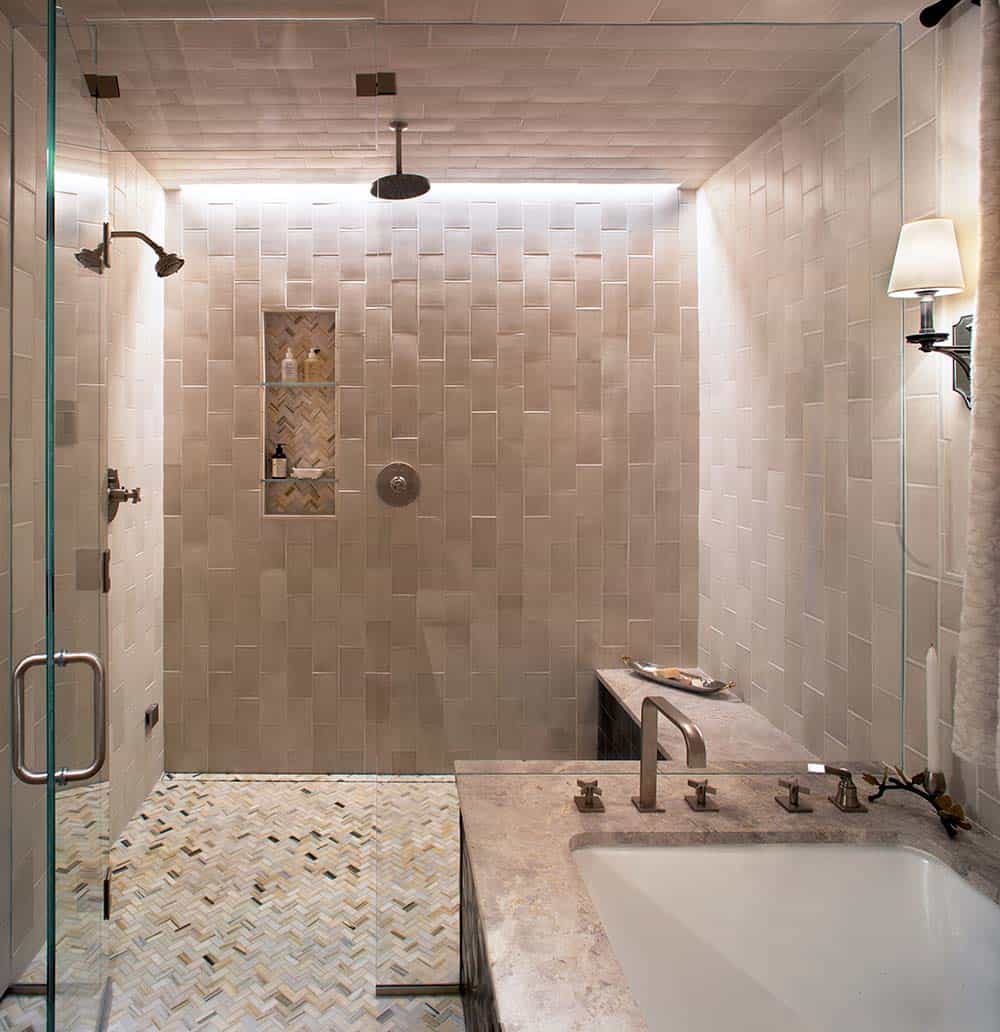rustic modern bathroom with a walk-in shower
