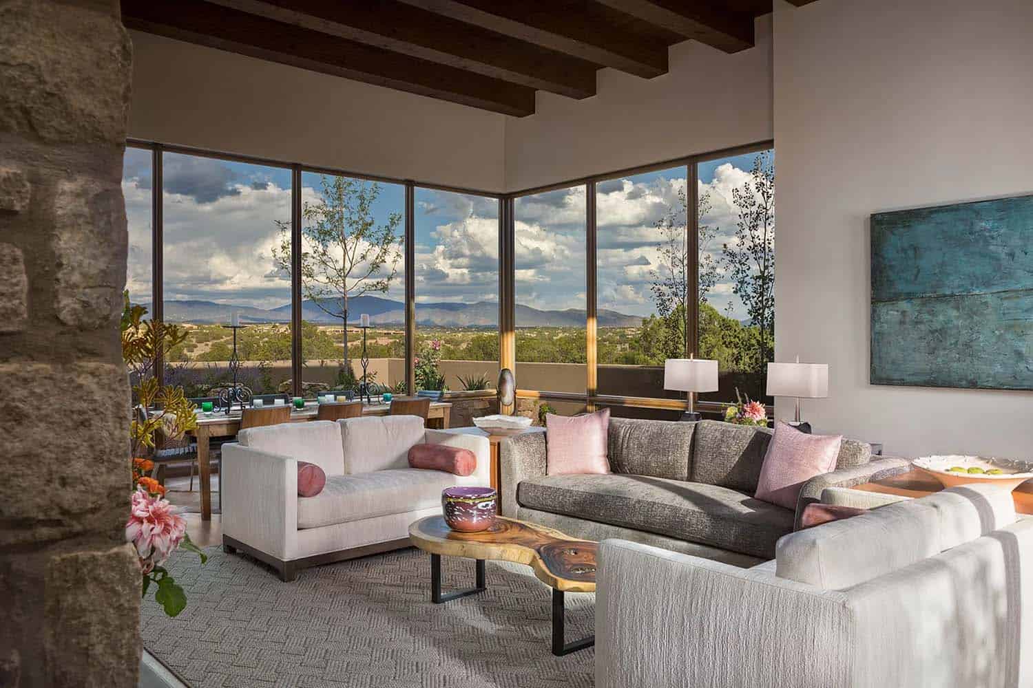 Santa Fe style living room with large windows