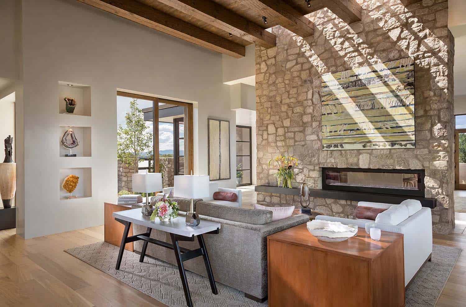 Santa Fe style living room with a fireplace