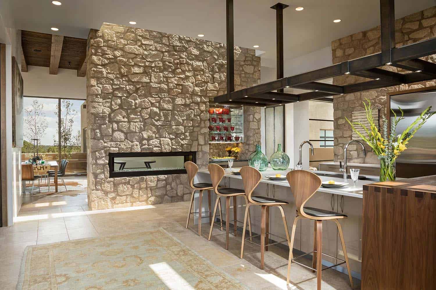 Santa Fe style kitchen with a fireplace