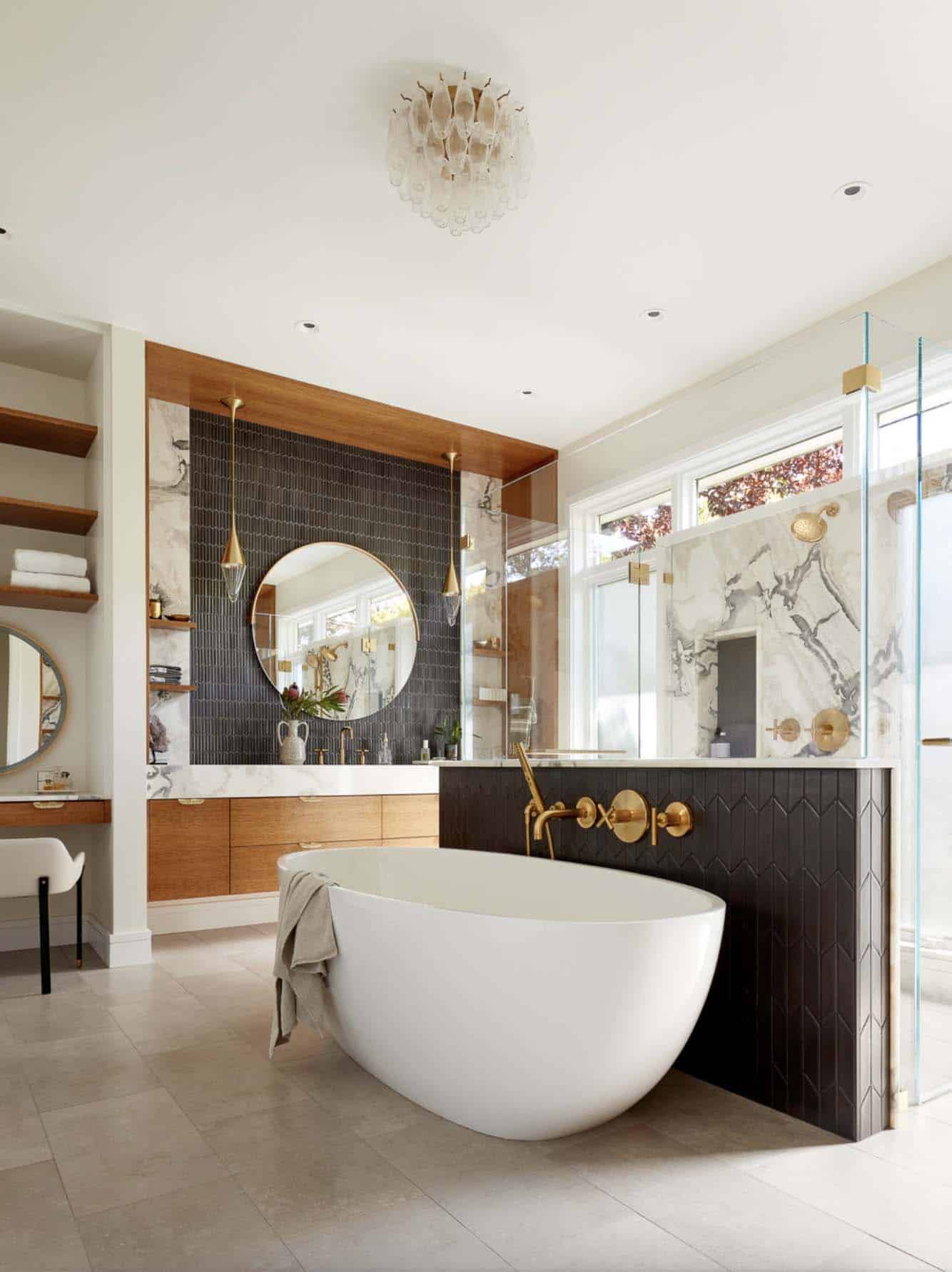 transitional bathroom with a freestanding tub