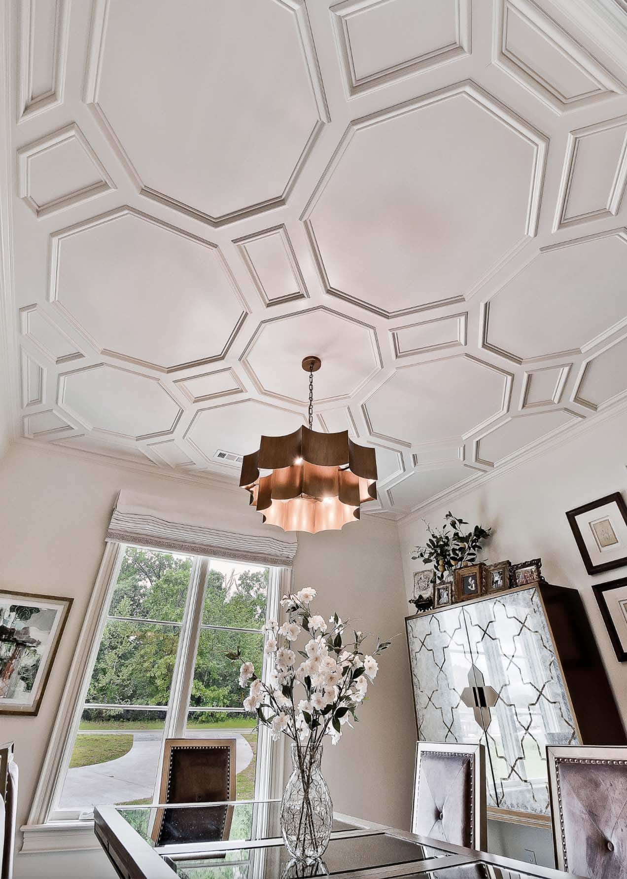 transitional style dining room ceiling detail