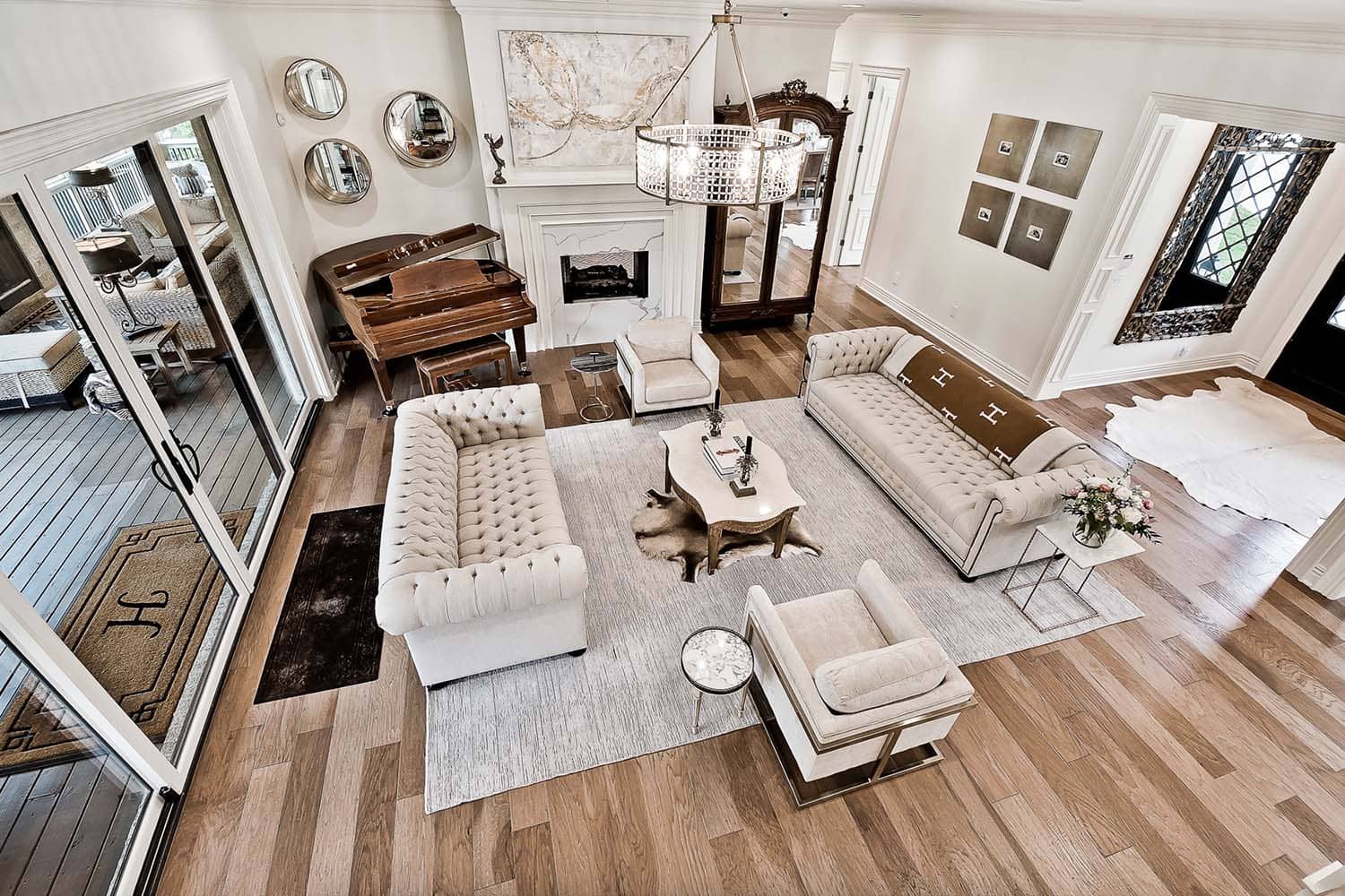 transitional style family room overhead view