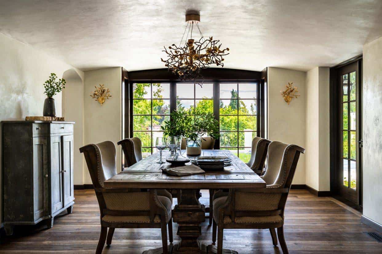 Tudor style dining room with a large window