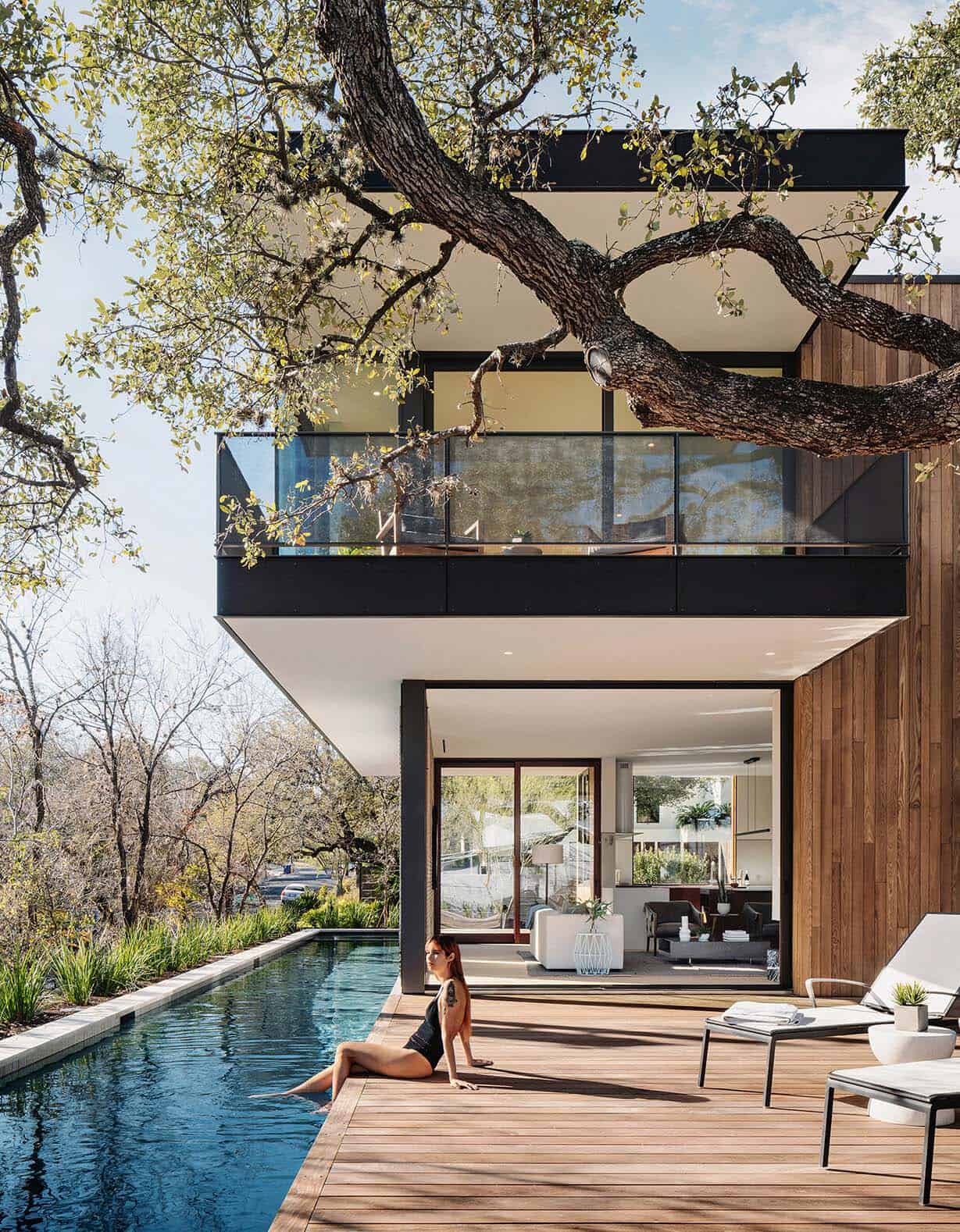 modern home backyard patio and lap pool