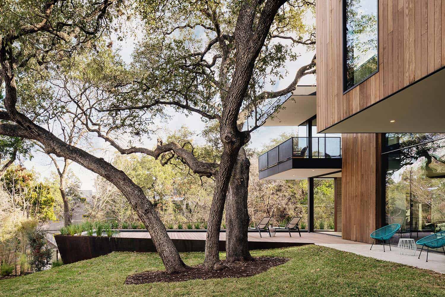 modern home landscape view with a live oak tree
