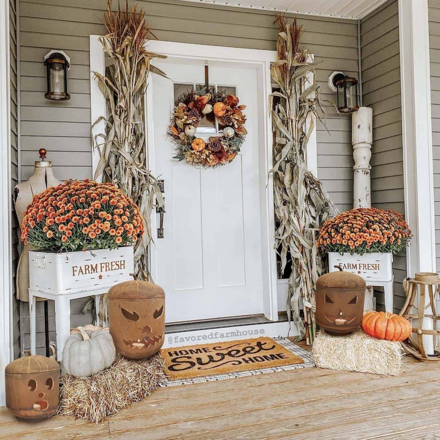 farmhouse front porch with fall decorations