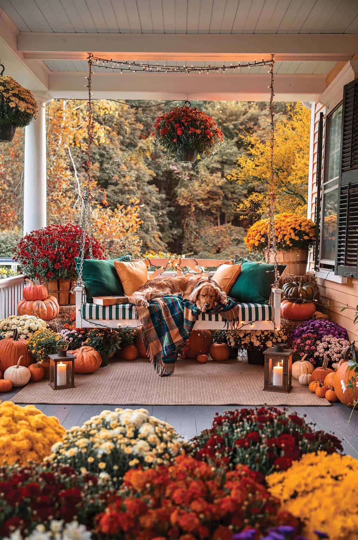 fall decorated front porch with a hanging swing and pumpkins and mums