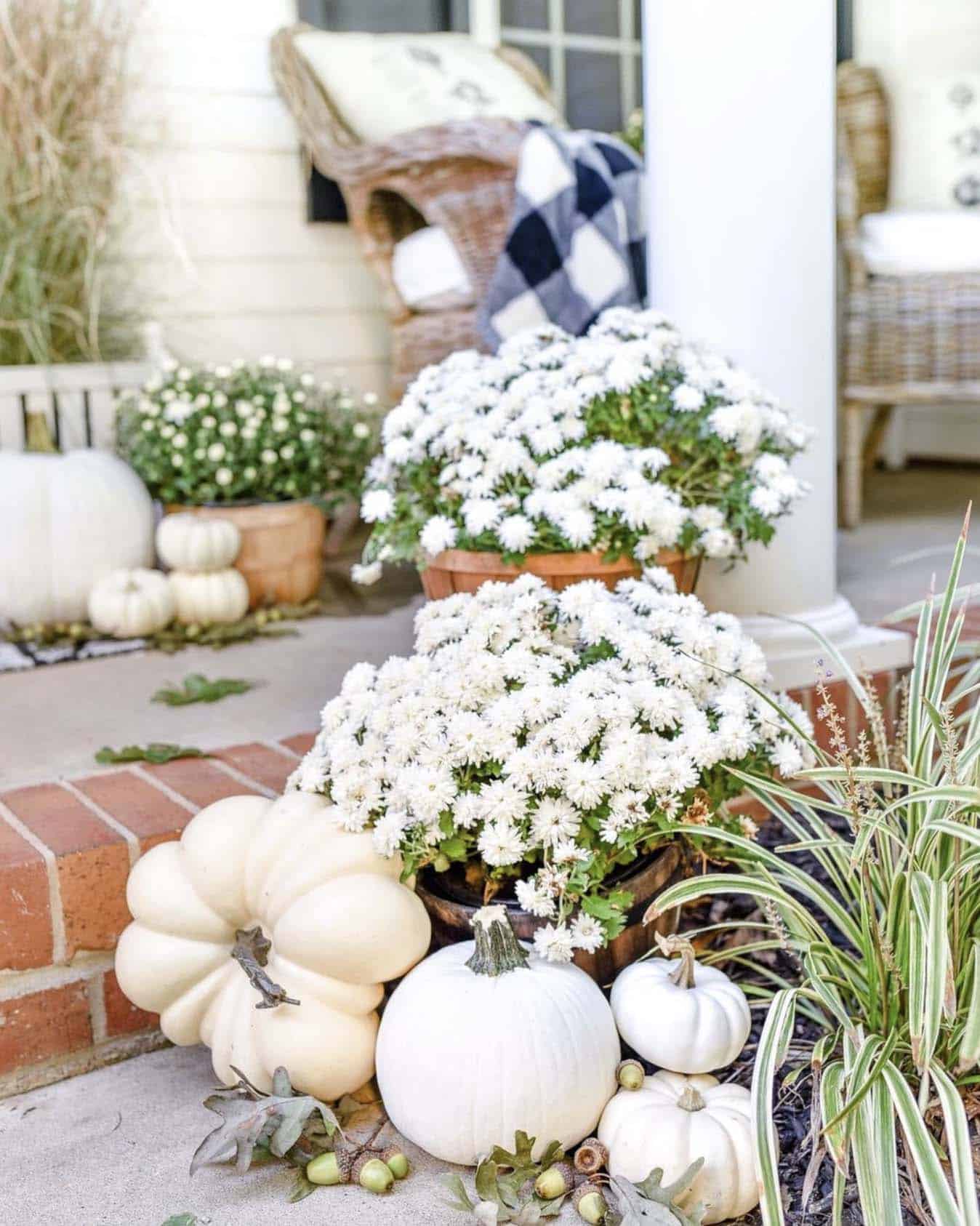 vignette of front porch steps with white pumpkins and mums