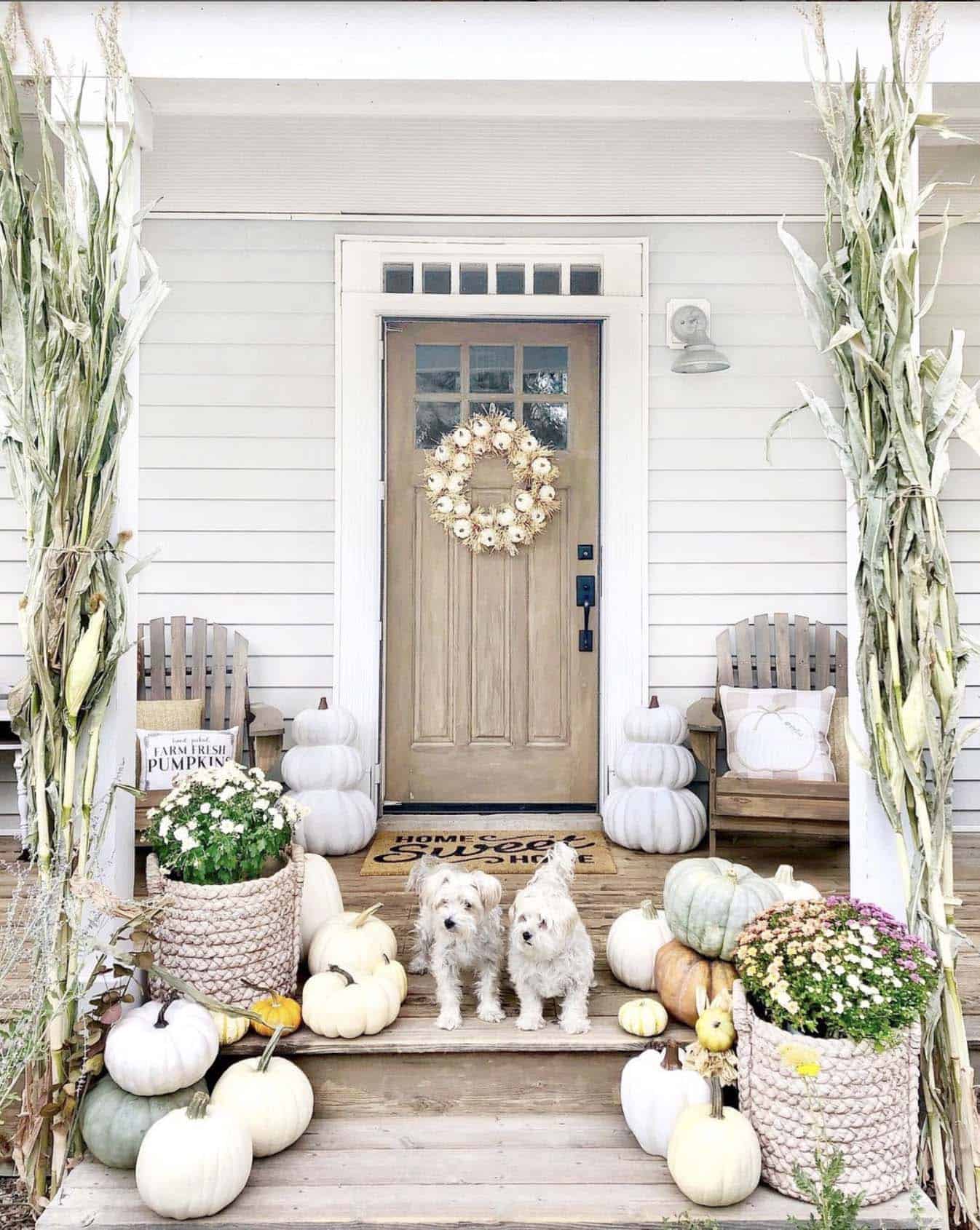 fall front porch in white and green