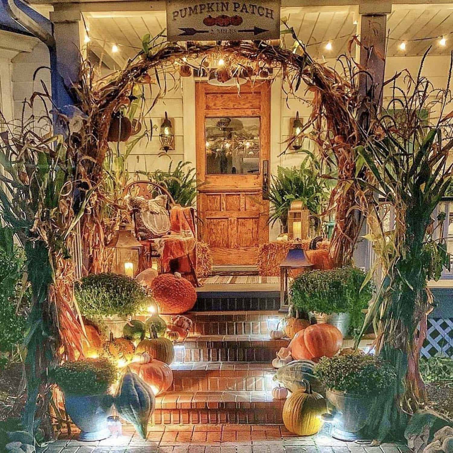 fall front porch with an explosion of pumpkins