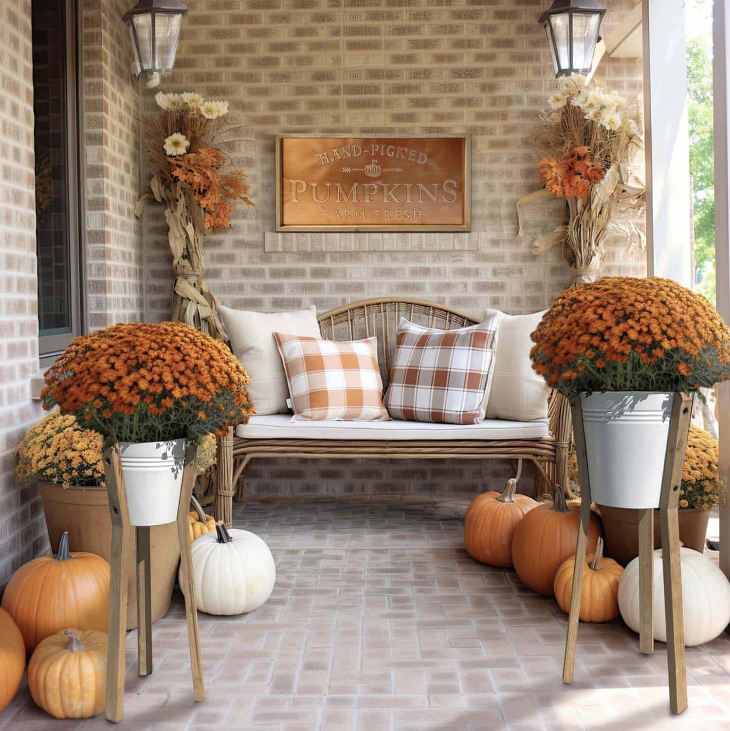 fall porch with pumpkins, mums, a bench with cushions and a fall sign on the wall