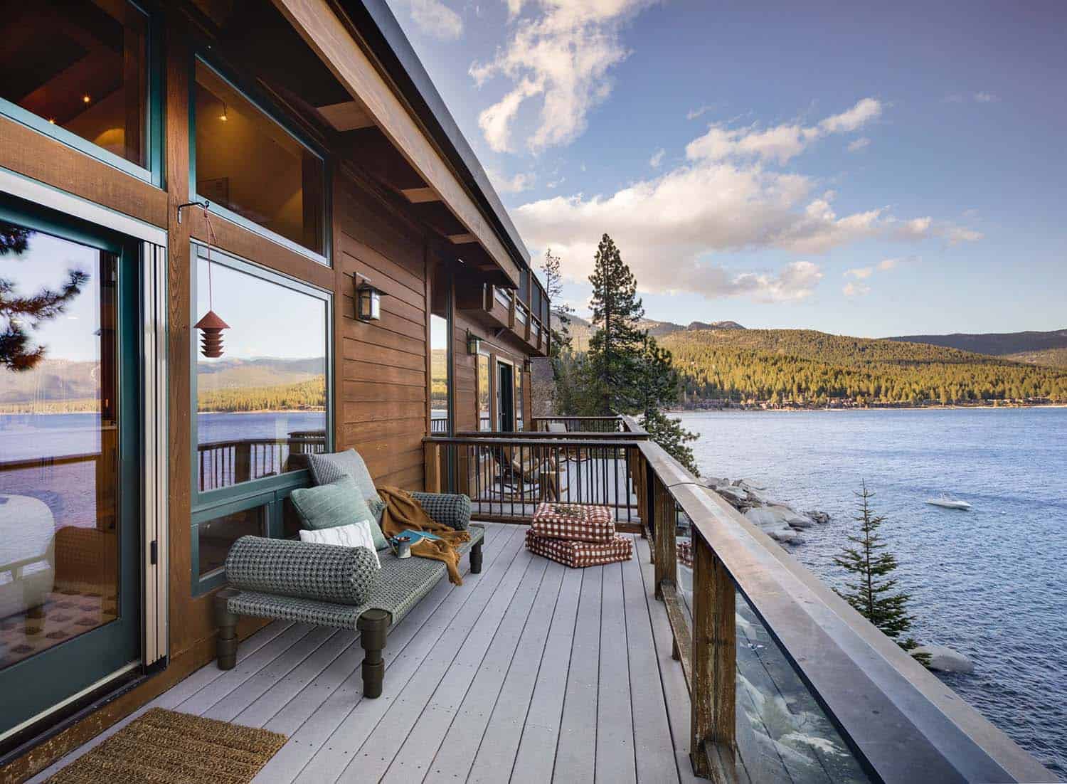 contemporary deck with lake views
