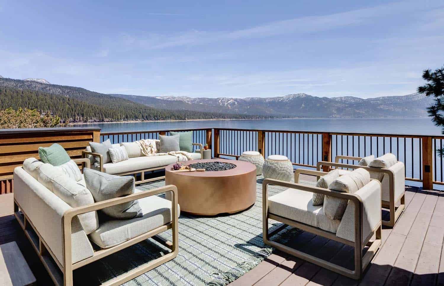 contemporary deck with a fire pit and lake views