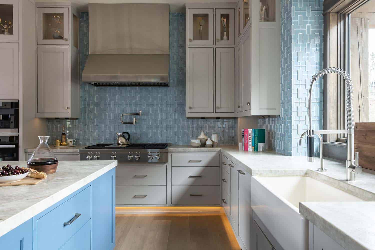 contemporary kitchen with blue backsplash tile