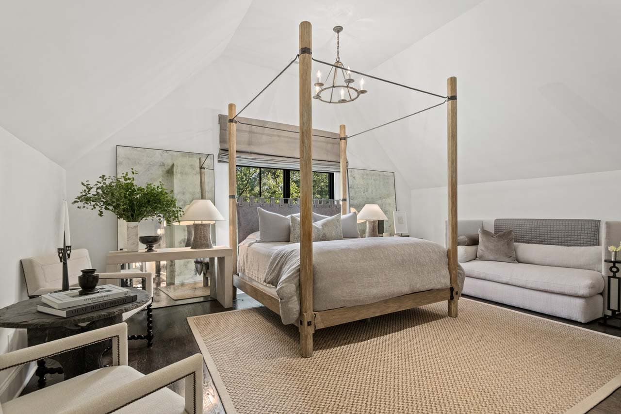 transitional bedroom with a canopy bed