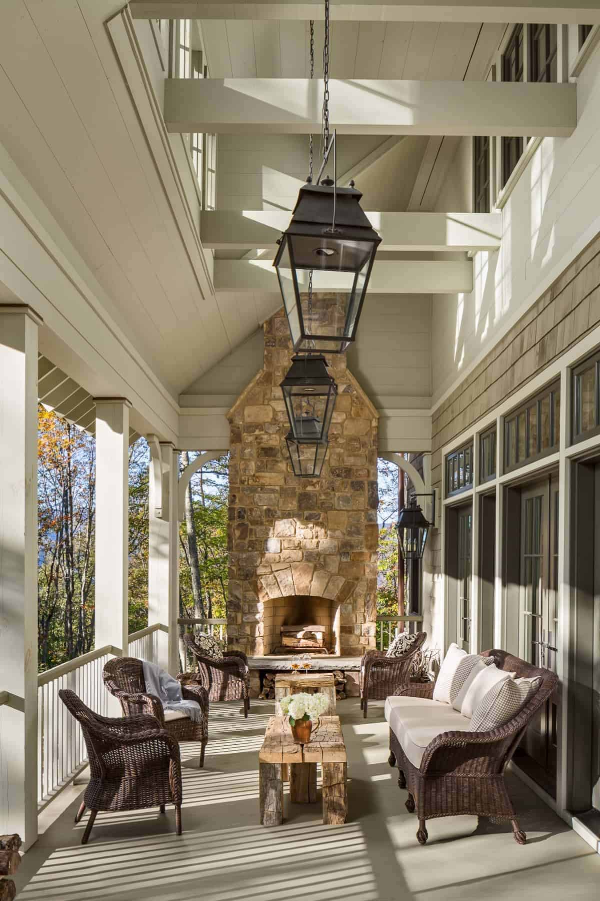 contemporary covered patio with a fireplace