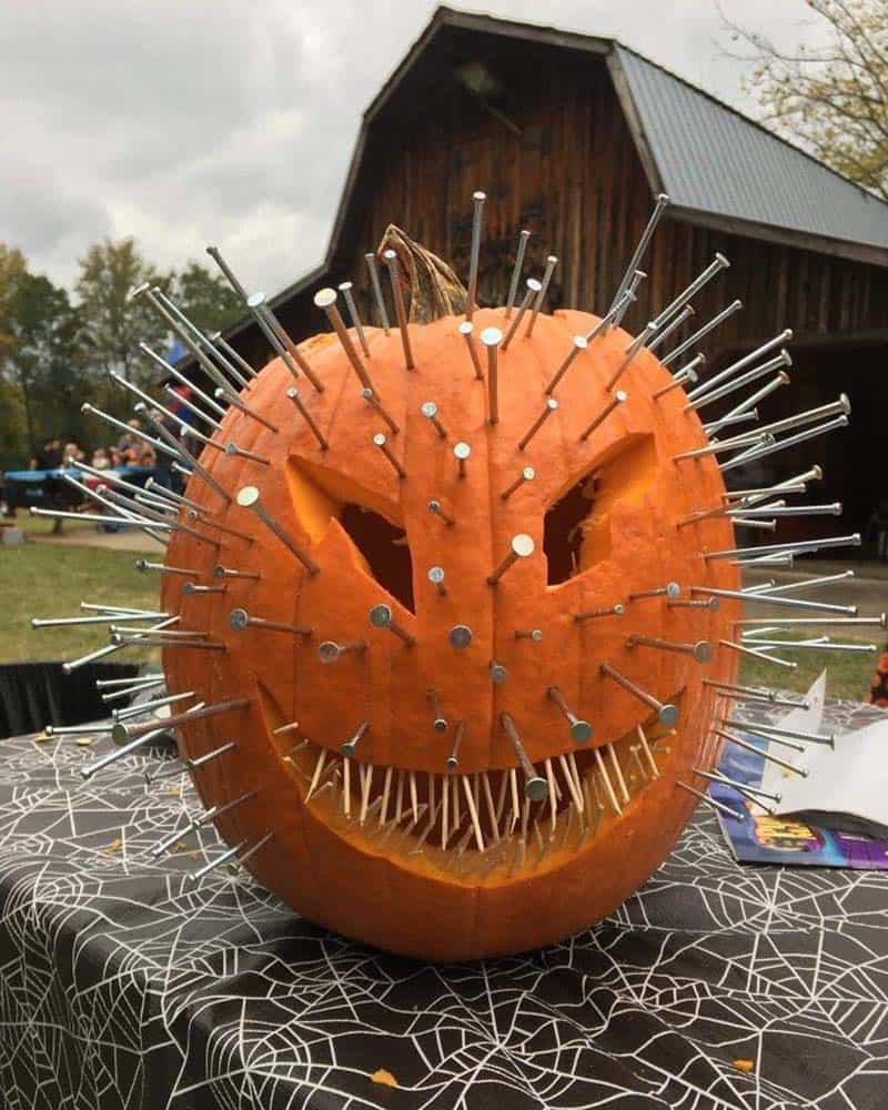 Halloween Hellraiser Pumpkin with nails and toothpick teeth