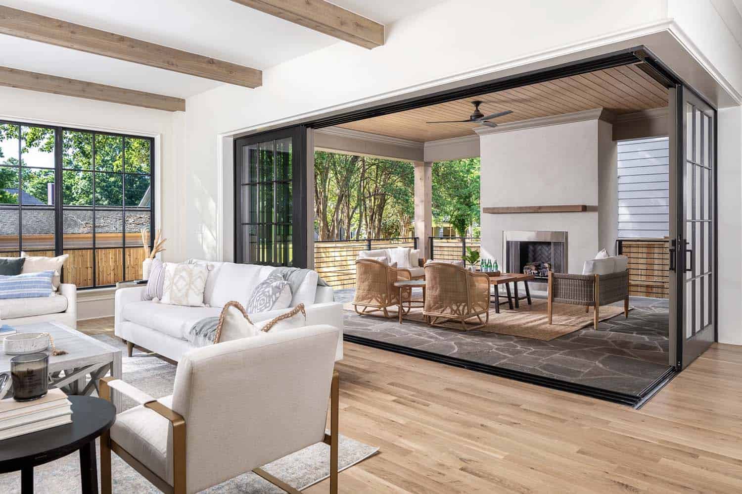 transitional living room with sliding track doors