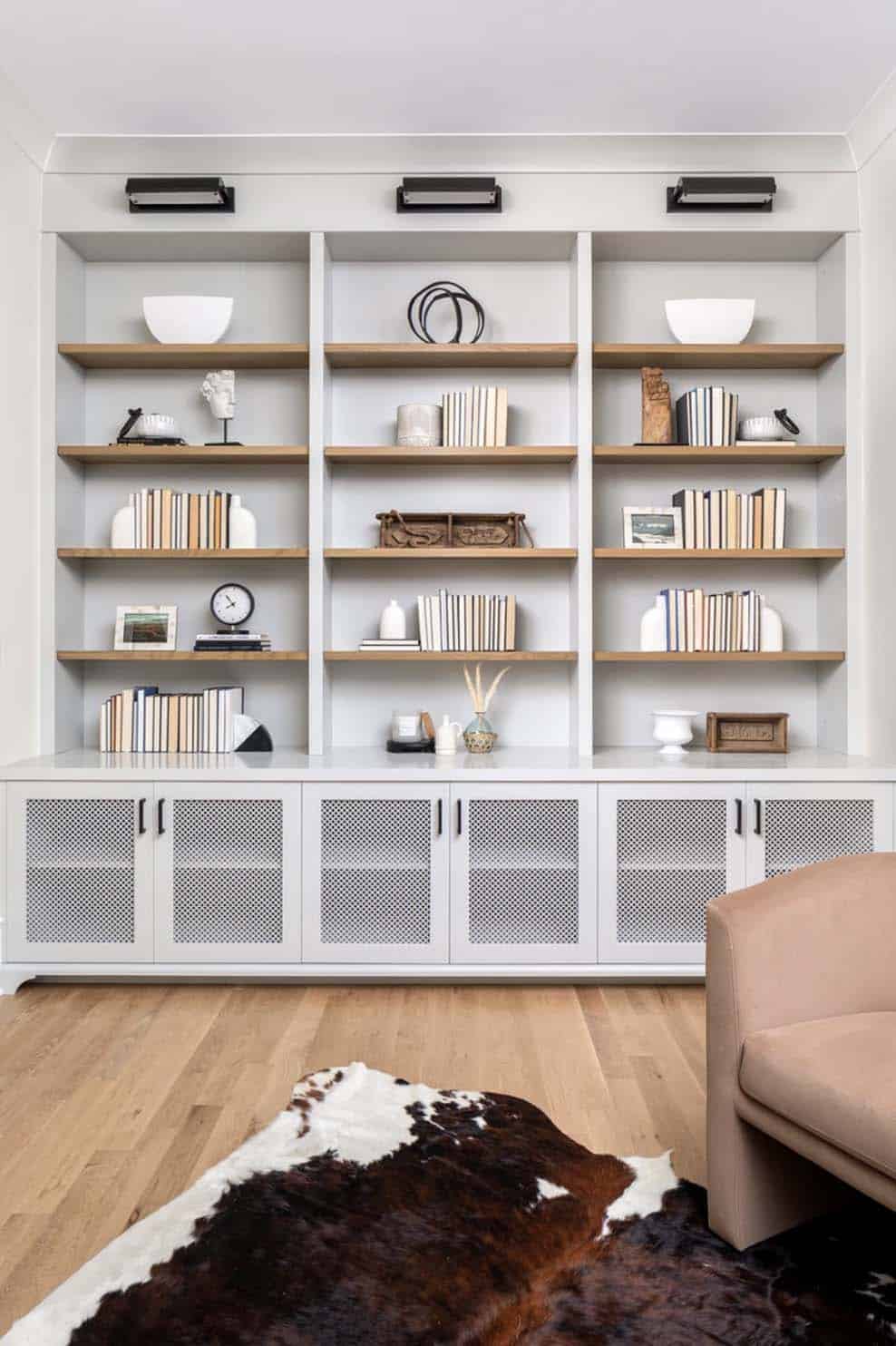 transitional at-home study with a built-in bookshelf