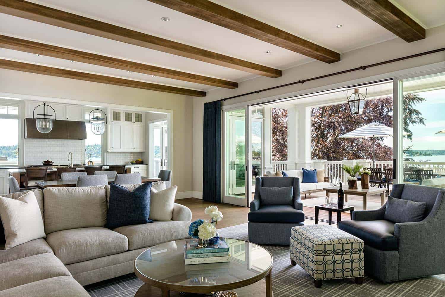 contemporary living room with wood beams on the ceiling