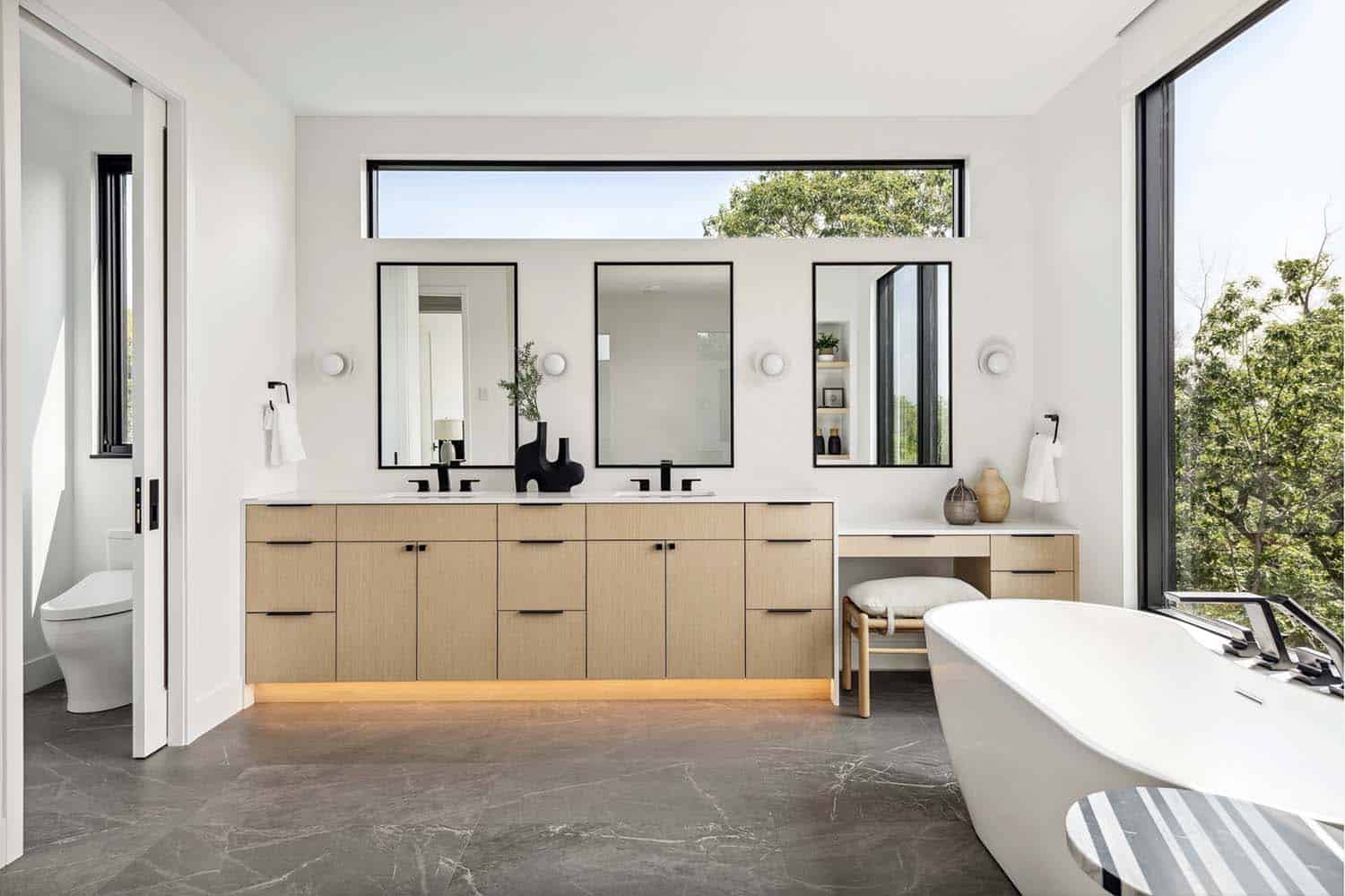 modern bathroom with a bedroom and undermount lighting