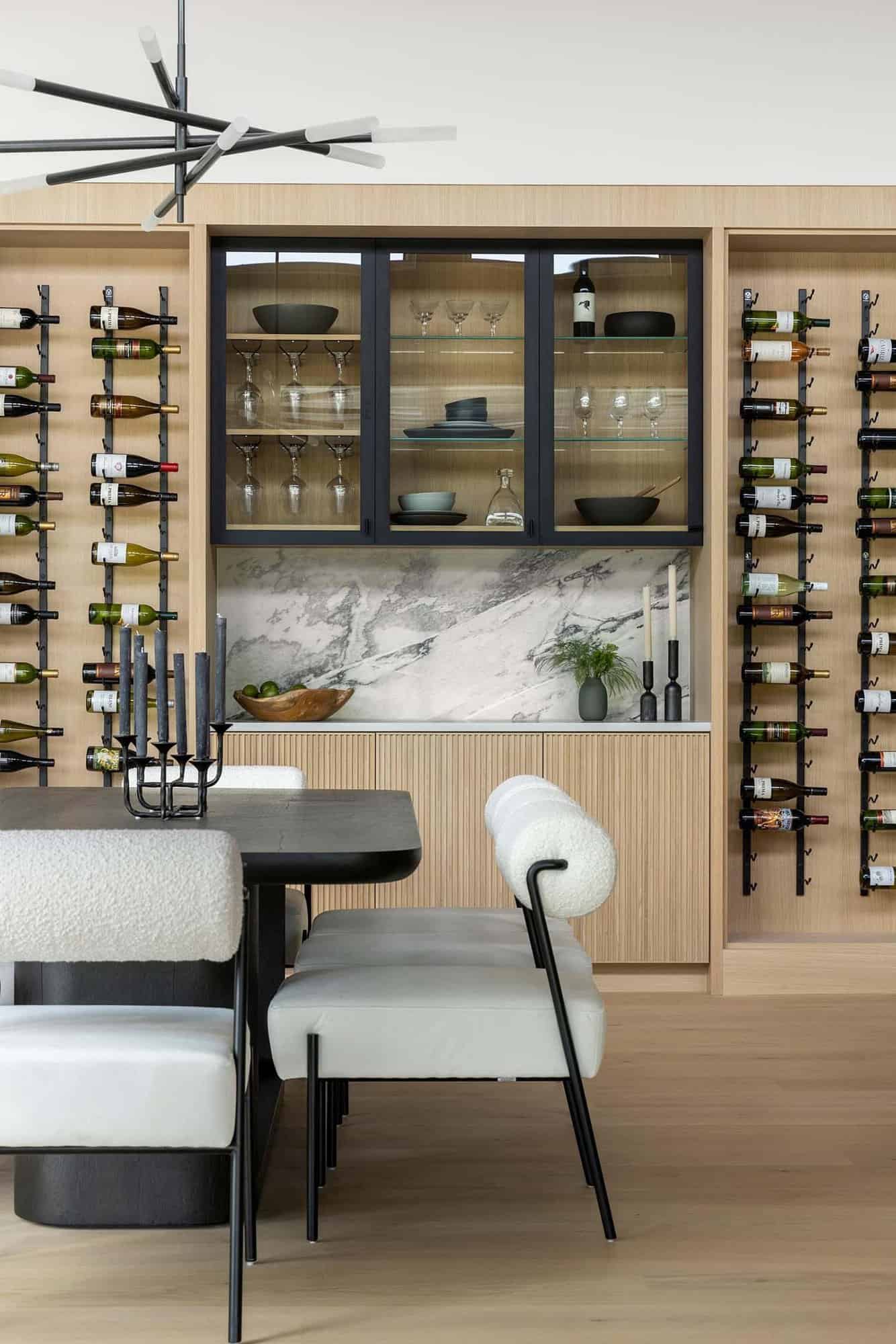 modern dining room with a wine display