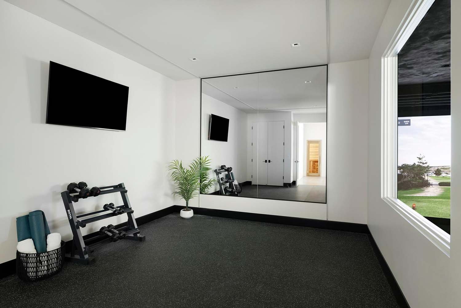 modern home gym on the lower level