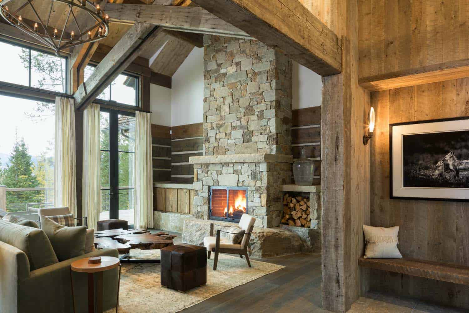 mountain modern living room with a fireplace