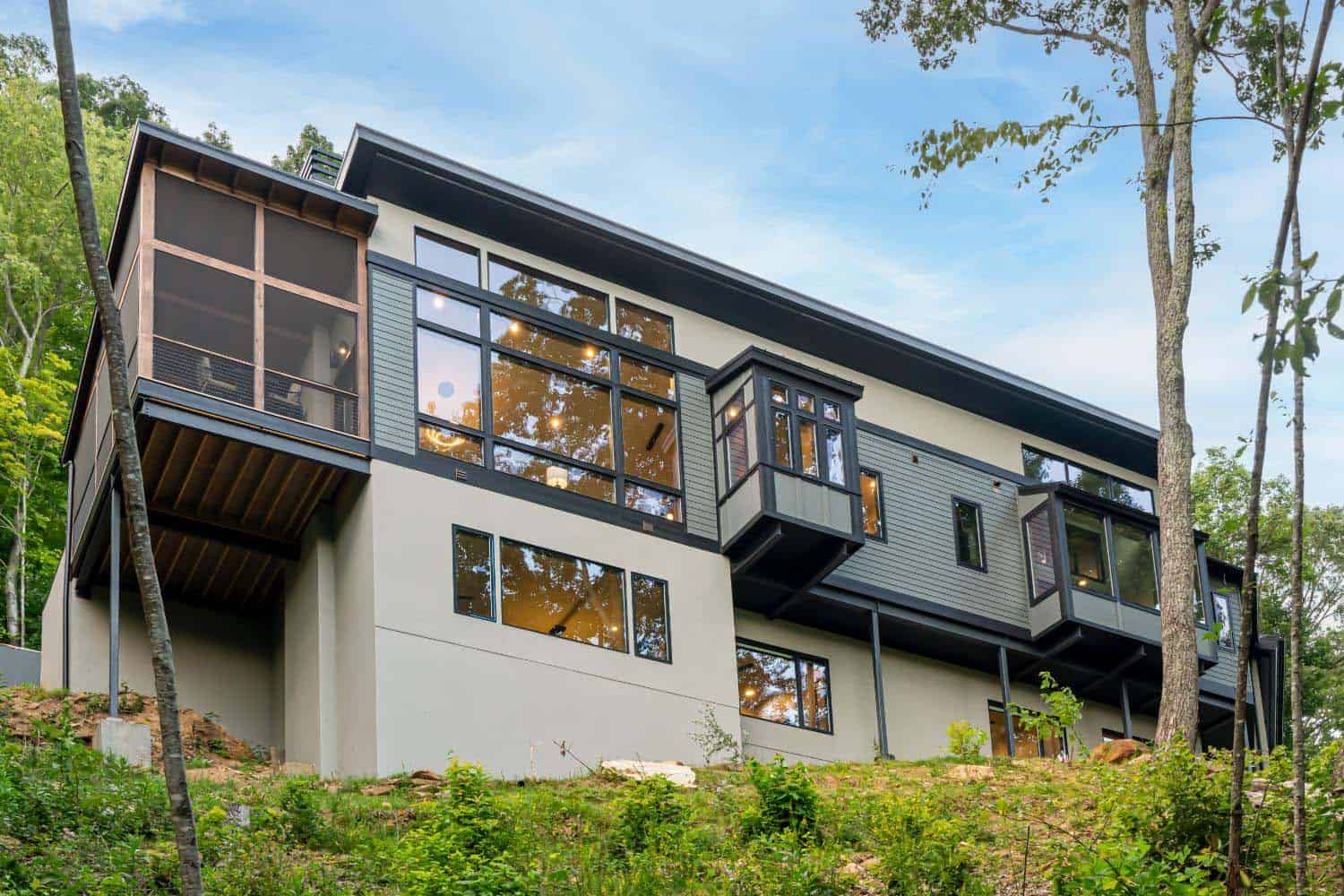 modern mountain home exterior with a backyard view