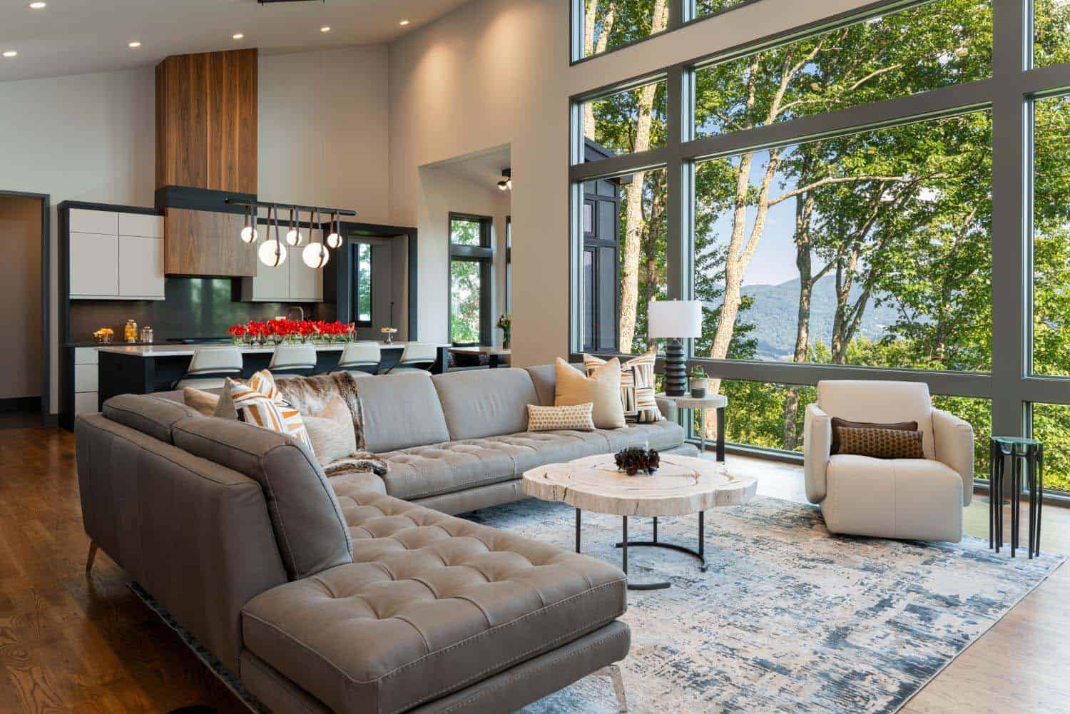 modern living room with a kitchen view