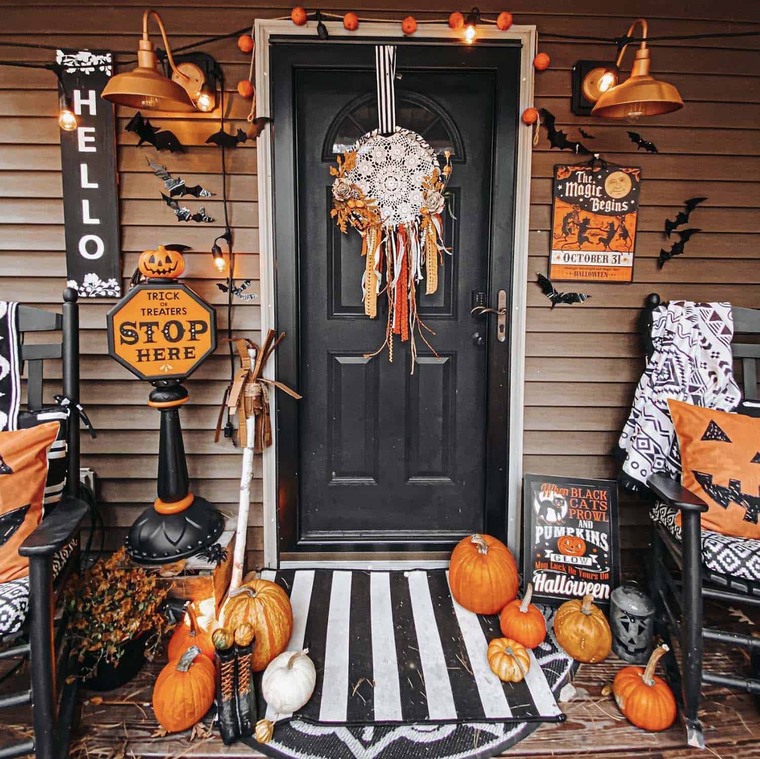 front porch with Halloween decorations