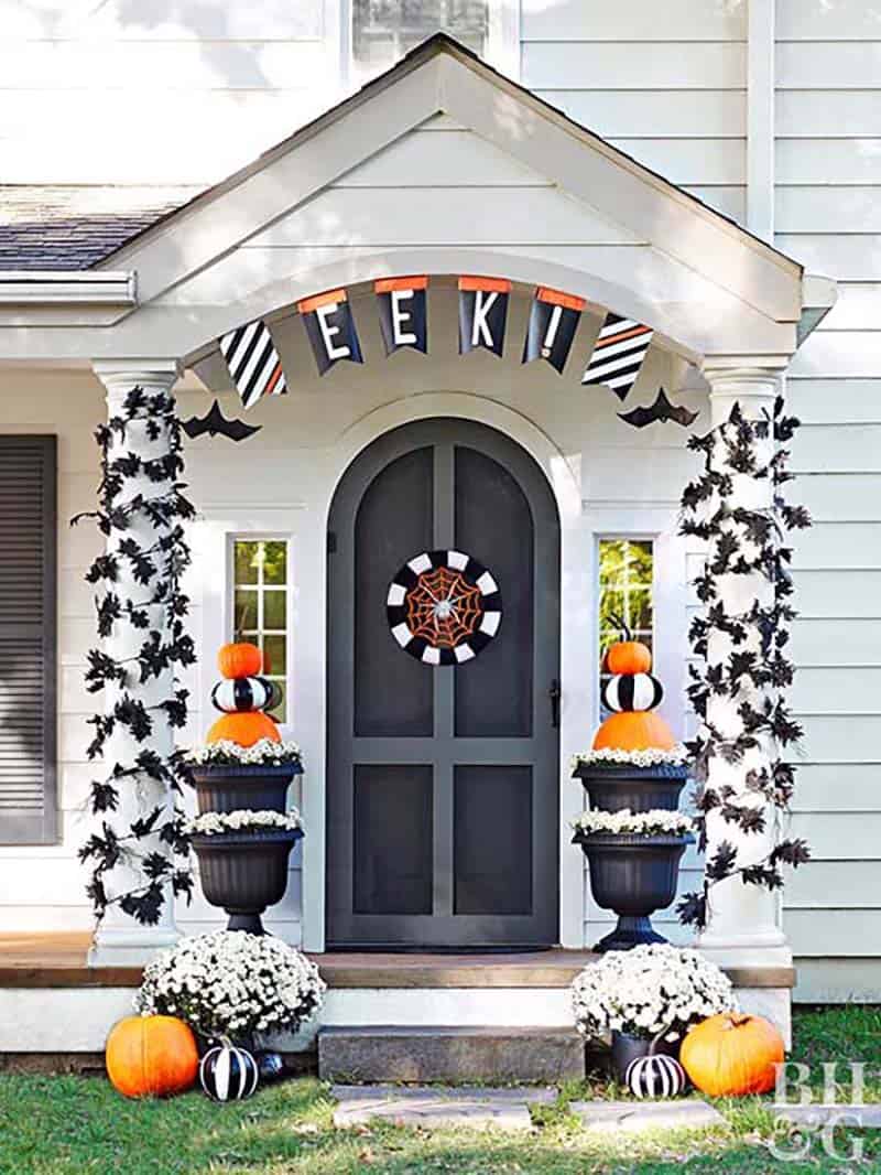 front door Halloween display with spooky bats