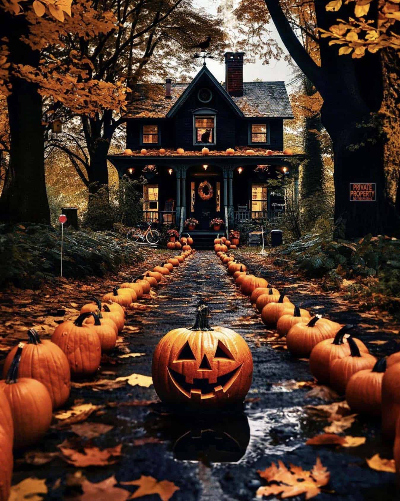 haunted house with jack-o-lanterns lining the driveway