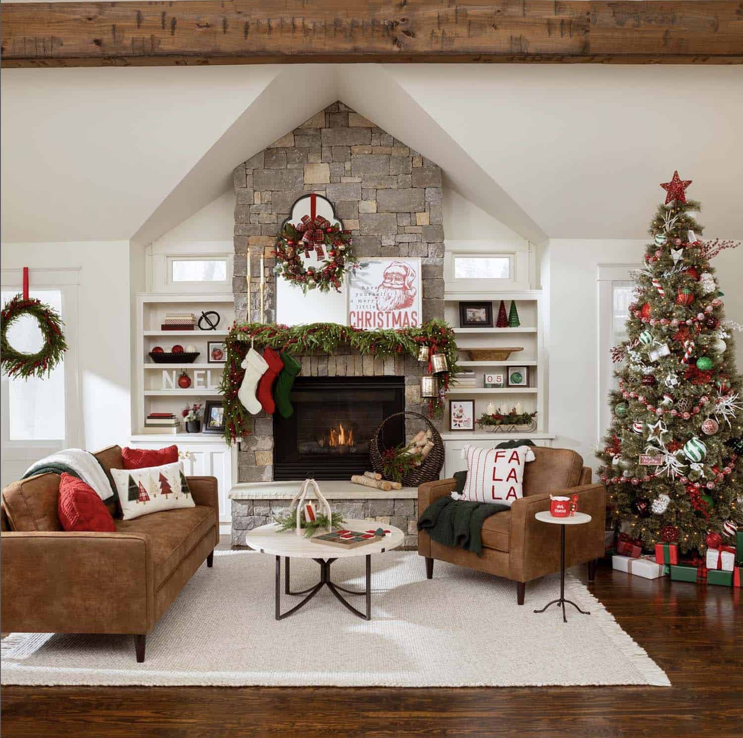 rustic living room with a fireplace and a Christmas tree