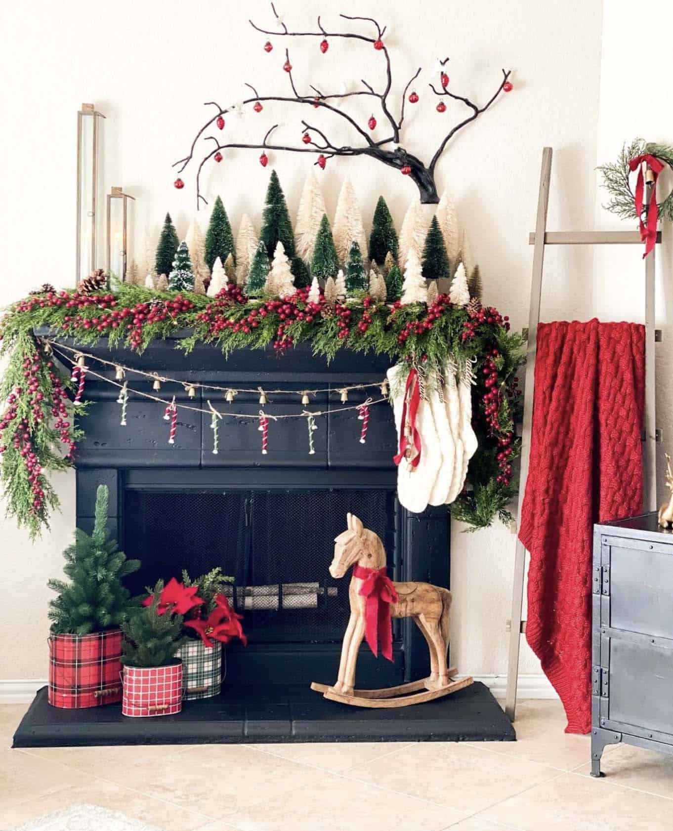 traditional red and green Christmas decorations around the fireplace mantel