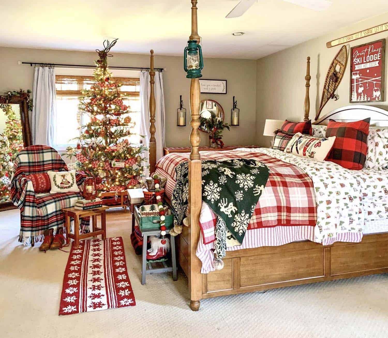 bedroom decorated like a ski lodge for Christmas