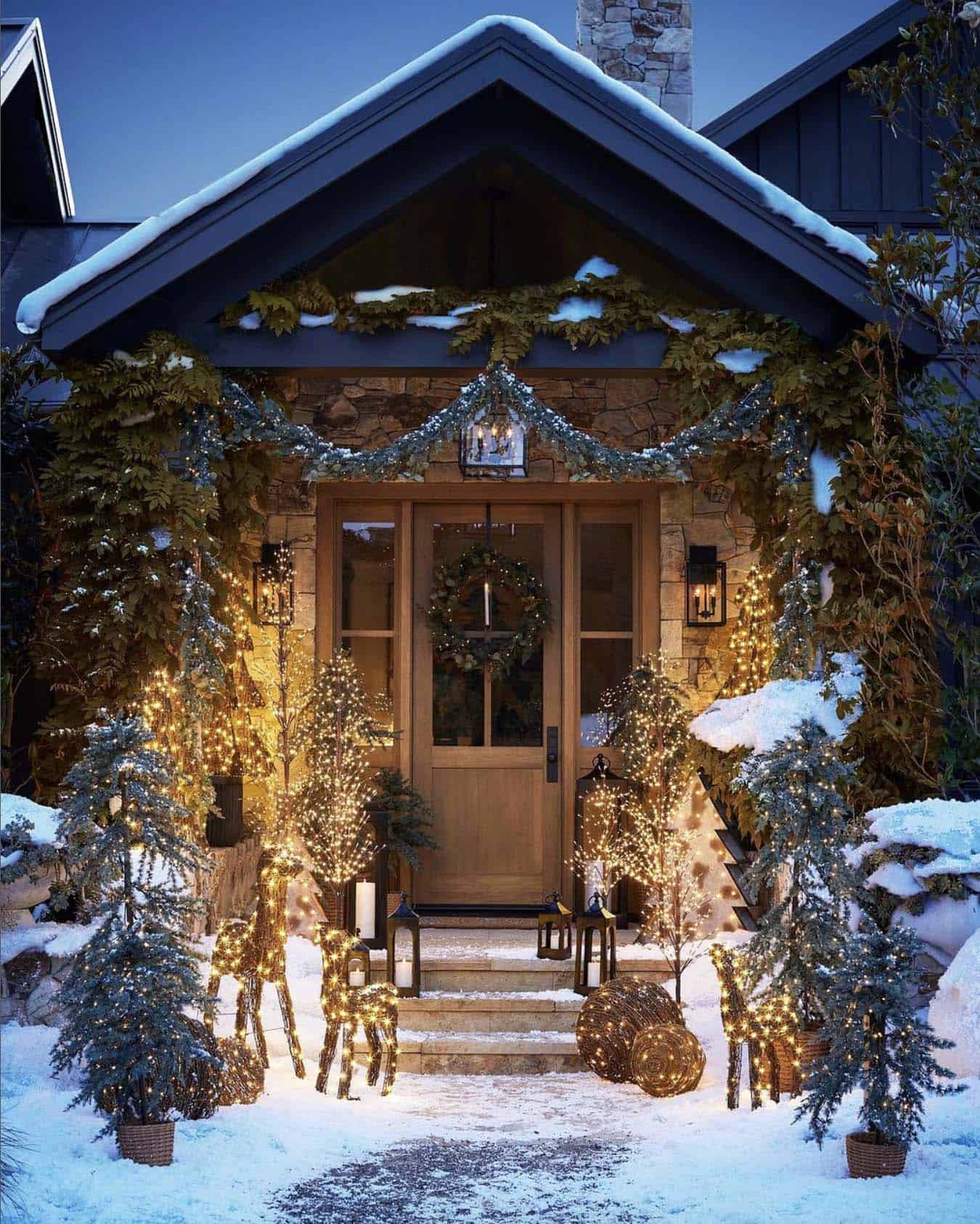 rustic house exterior with Christmas decorations